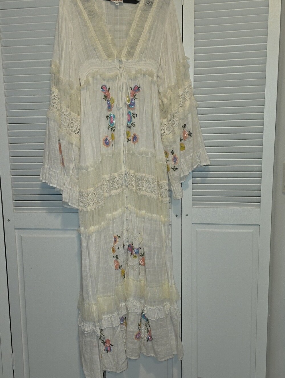 BOHO Cream Maxi Dress Floral Embroidery